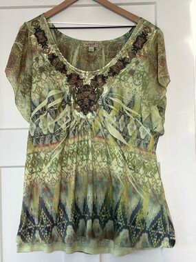 ONE WORLD Women’s Plus Size Green Multi-Pattern Embroidered Scoop-Neck Shirt 3X